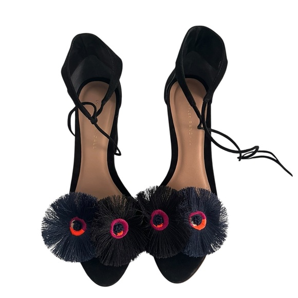 Loeffler Randall Ostrich Black Heels with Colorful Pom Poms - Picture 1 of 7